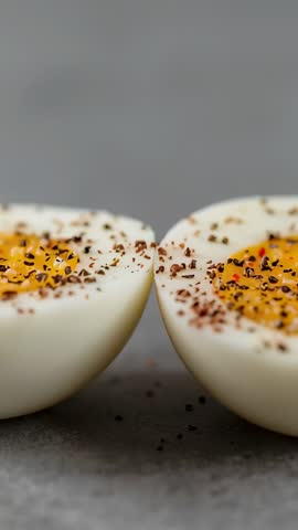 Vertical Macro Video Panning Spiced Halved Hard-Boiled Eggs on Gray Surface Closeup
