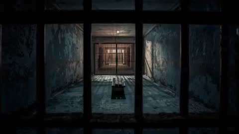 Light Casting Bar Shadows Over Worn Bench Abandoned Prison Cell Revealing Gated Corridor