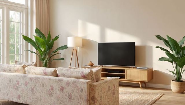 Cozy pastel floral sofa facing mid-century wooden media console with flat-screen TV and plants