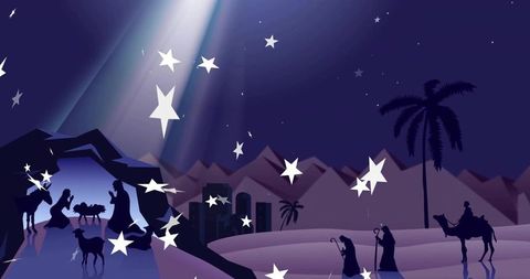 Star-lit nativity in desert cave with magi, shepherds, camels and manger