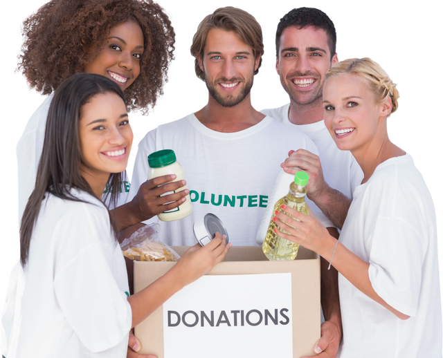 Smiling Group of Volunteers Loading Food into Transparent Donation Box - Download Free Stock Videos Pikwizard.com