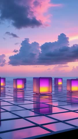 Vertical panning revealing reflective tile grid meeting ocean horizon with glowing cubes