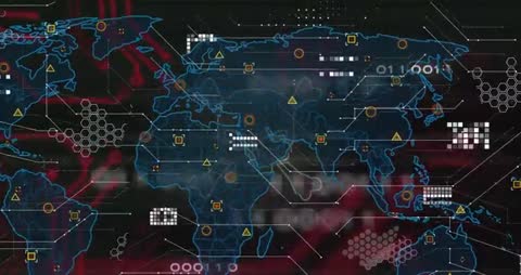 Futuristic Cybersecurity Map with Digital Warnings and Network Symbols