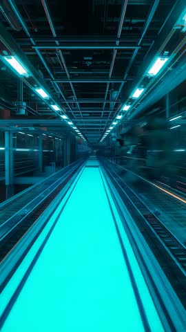 Neon Cyan Conveyor Pushing Forward Through Futuristic Glass Corridor Vertical Video