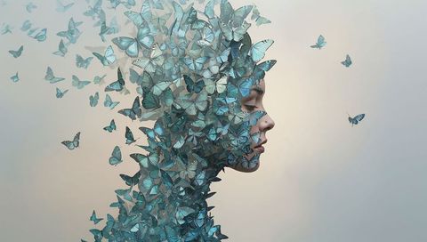 Surreal Woman's Profile Emerging from Teal Butterflies