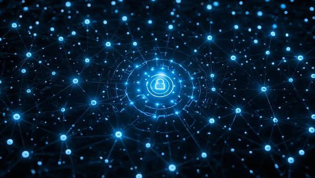 Pulsing padlock hub radiating concentric rings connecting glowing nodes in cyber network