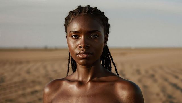 Sunlit close-up portrait of poised woman with braided hair on minimalist sandy horizon