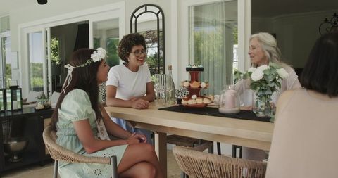 Women Enjoying Tea Celebration at Home: Friendship and Happiness