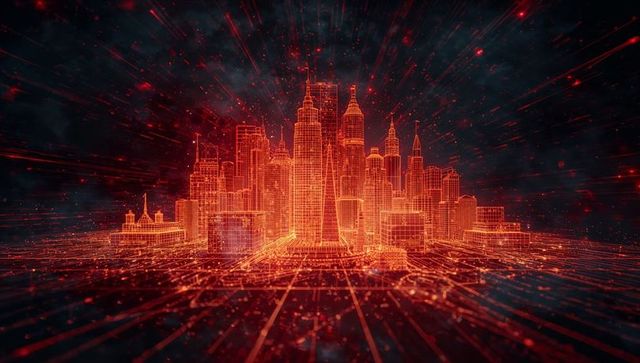 Glowing neon wireframe metropolis converging to vanishing point on grid holographic skyline