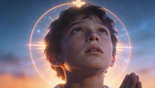 Teen praying with glowing halo at sunrise, contemplative spiritual portrait
