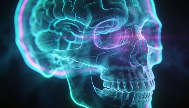 Neon Holographic Skull Showing Brain Anatomy and Neural Visualization for Medical Tech