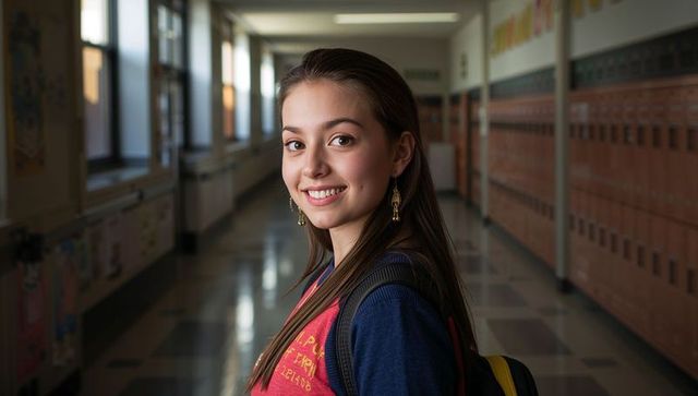 Smiling female student standing in school corridor wearing backpack, casual clothes, earrings