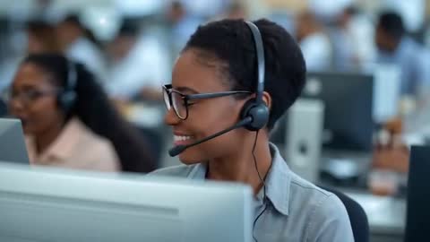 Call center agent smiling while assisting customer with headset