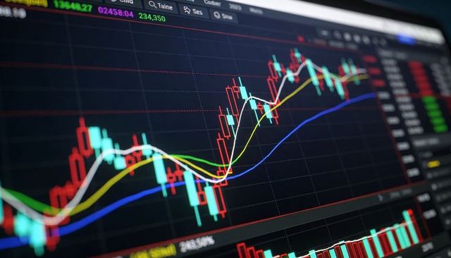 Stock market candlestick chart showing moving averages and volume bars on trading dashboard