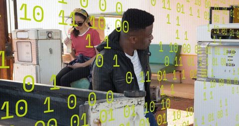 Digital Data Overlay on Diverse People at Gas Station