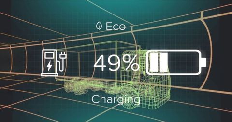 Electric semi truck charging dashboard concept with 49% battery wireframe telemetry