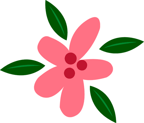 Stylized pink flower with green leaves and red circles on transparent background