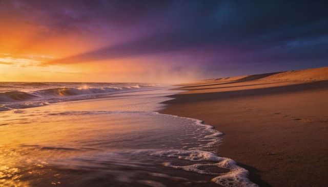 Sunset waves glowing and rolling over reflective wet sand along quiet coastal dunes