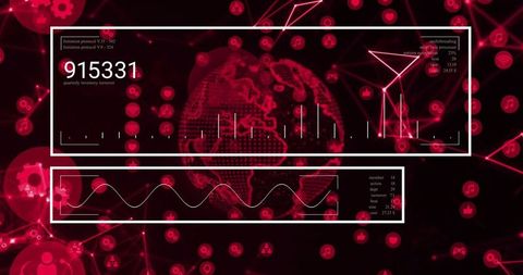 Displaying wireframe globe in holographic dashboard with hud panels and waveform