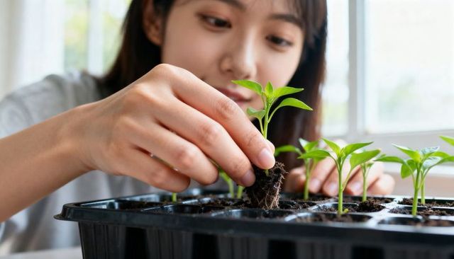 Asian woman transplanting seedlings from root plugs in tray by window, indoor gardening