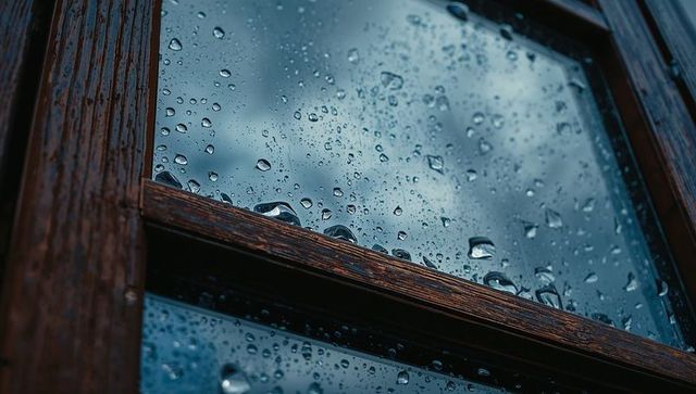Water Droplets Adorning Rustic Wooden Window Pane