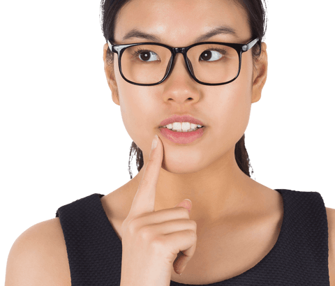 Focused Asian Businesswoman Deep in Thought on Transparent Background