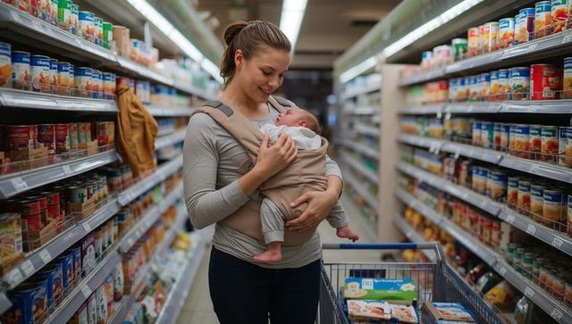 Smiling mother holding newborn in beige carrier while shopping in supermarket aisle