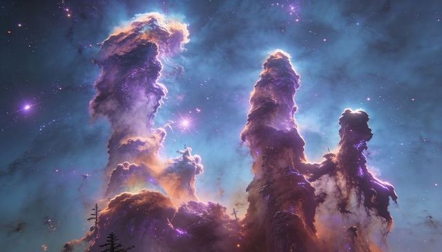Towering nebula pillars rising from luminous cloudscape with conifer silhouettes