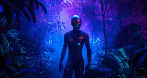 Futuristic Robot Exploring Bioluminescent Jungle