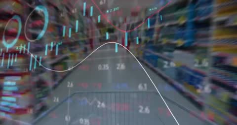 Pushing cart through supermarket aisle while market trend HUD visualizing retail analytics