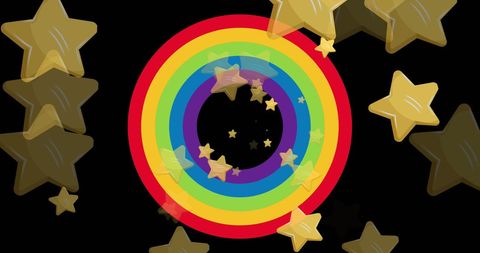 Rainbow Circle with Golden Stars on Black Background Symbolizing Diversity