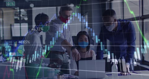 Business Team Analyzing Financial Data with Mask Protection