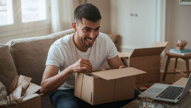 Man excitedly unboxing parcel at home with laptop nearby