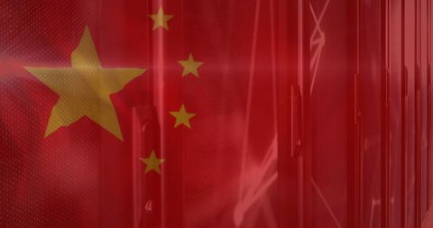 Chinese Flag Overlaying Modern Server Room