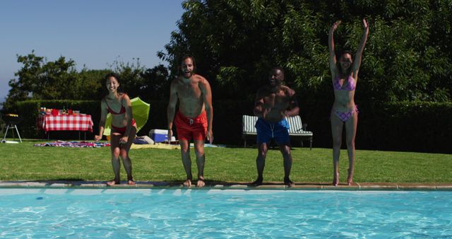 Group of Friends Jumping into Pool during Summer - Download Free Stock Images Pikwizard.com