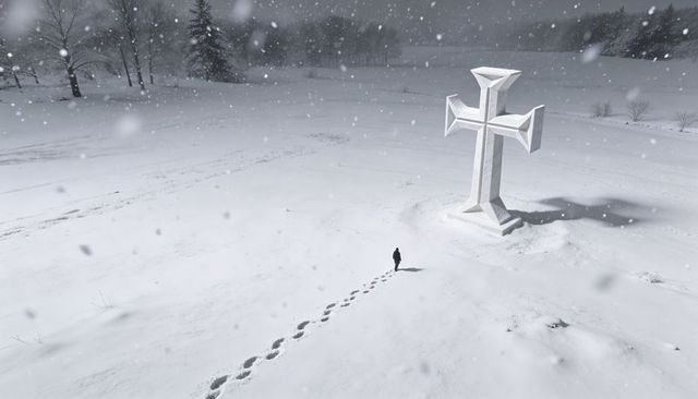 Solitary figure walking through snow toward giant stone cross in bleak winter landscape