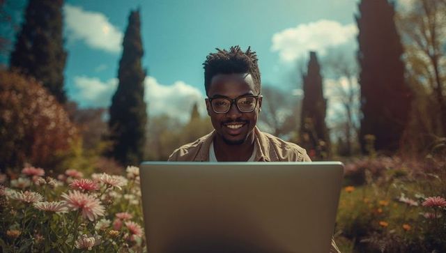 Man Enjoying Outdoor Work with Laptop in Scenic Blooming Garden