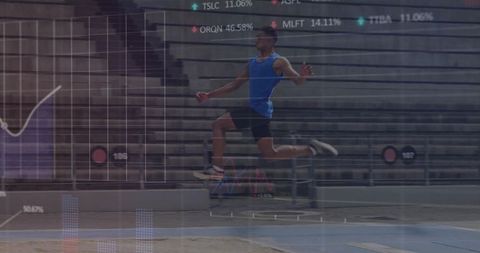 Athlete Performing Long Jump with Digital Data Overlay