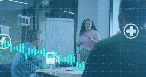 Diverse Team Meeting in Modern Office with Digital Overlays