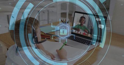 Child Engaged in Virtual Learning with Digital Security Interface