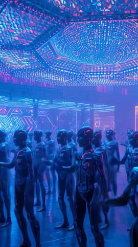 Humanoid Androids Marching Under LED Array in Futuristic Neon Hall, Glowing Robotic Parade