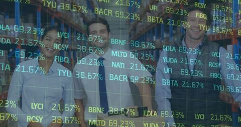 Warehouse workers with financial data display overlay