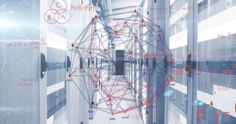 Futuristic data network with mathematical elements in server room