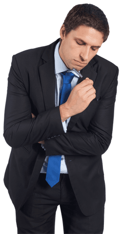 Contemplating businessman on transparent background holding pen