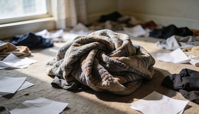 Sunlit crumpled fleece blanket settling on cluttered bedroom floor with scattered papers