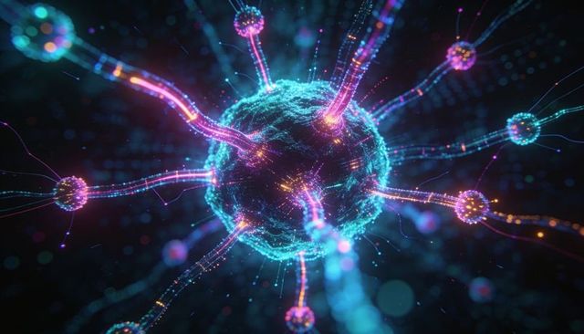 Neon neural core emitting pulsing tendrils and nodal filaments in digital network