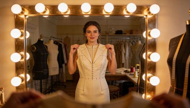 Couturier adjusting cream muslin toile in illuminated atelier mirror for couture fitting