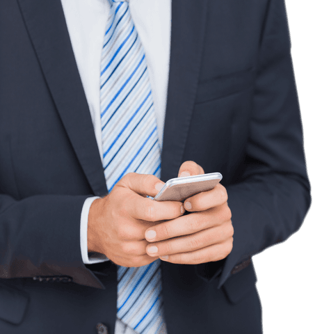 Transparent background businessman texting with smartphone