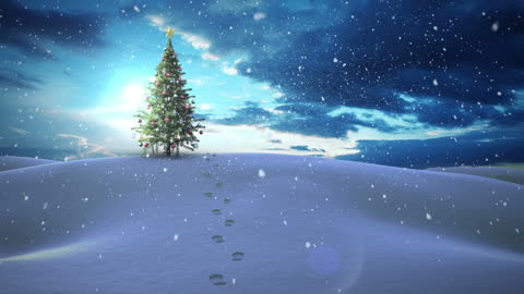 Serene Snowy Landscape with Christmas Tree and Snowfall