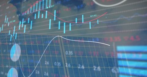 Financial Data and Graphs Overlaying Solar Panels